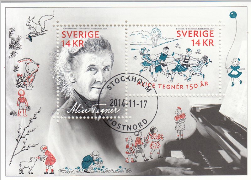 Sweden 2014 used Souvenir sheet of 2 14k Alice Tegner