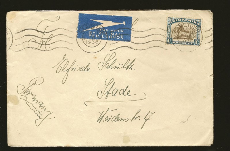South Africa 62 on Postmarked 1936 Capetown Airmail Cover Used