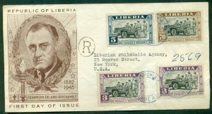 LIBERIA, 1945, Complete FDR issue on registered FDC w/Roosevelt cachet, VF