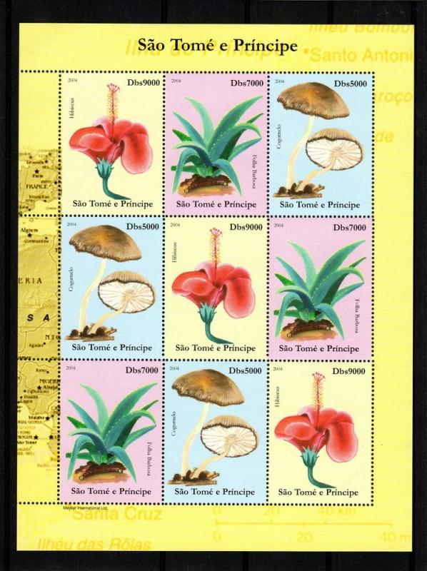 Sao Tome and Principe  2004 Mushrooms-Cactus Sheetlet (9) Perforated MNH