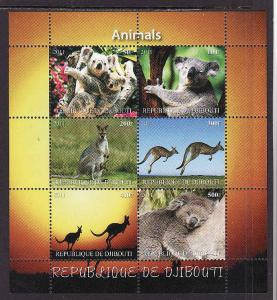 D2-Djibouti-unused NH sheet of 6-Animals-Kamgaroos-Koalla B