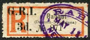 SG33d 1915 Reg Label Surch Rabaul in sans serif letters 3d Deutsch Newguinea