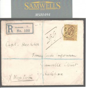 GB 1907 VERY EARLY R LABEL *Old Town St Plymouth* Devon Cover NOVA SCOTIA MS494