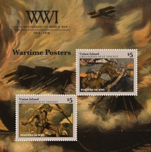 UNION ISLAND 2014 - WORLD WAR I WARTIME POSTERS STAMP SOUVENIR SHEET MNH