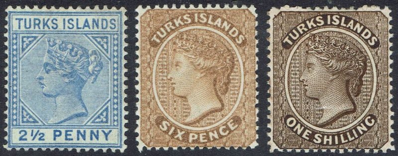 TURKS ISLANDS 1887 - 93 QV 2½D 6D AND 1/- WMK CROWN CA 