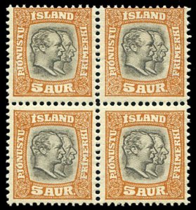 Iceland #O33 Cat$46 (for hinged singles), 1907-8 5c brown orange and gray, bl...