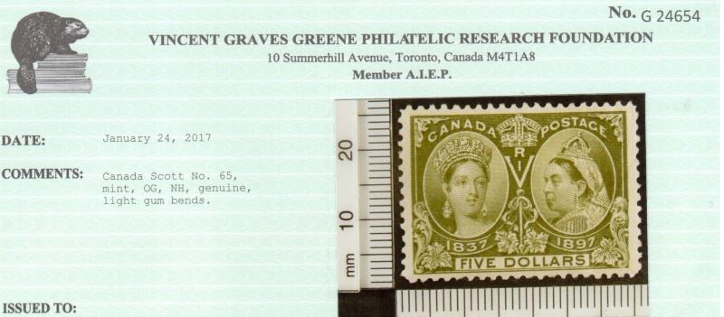 Canada #65 Very Fine Never Hinged Very Light Natural Gum Bend **With Cert.**