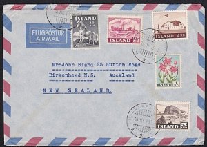 ICELAND 1959 airmail cover HAFNARFJORDUR to New Zealand + cinderellas......A6113