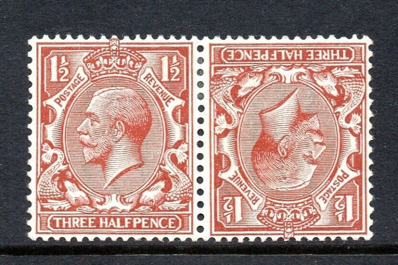 GB KGV SG420a 11/2d Red Brown Tete-Beche Pair Fine Mint Hinged Cat £500