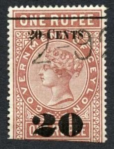 Ceylon Telegraph SGT37 20c on 1r Red-brown Type T32 (18mm) Scarce