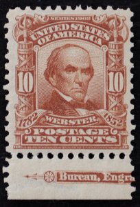 U.S. Mint Stamp Scott #307 10c Webster, VF - XF. BEP Imprint Sheet Margin. LH.