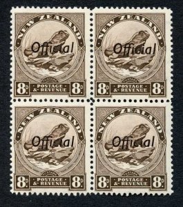 New Zealand SGO128 8d Mult Wmk Perf 12.5 OFFICIAL Block of 4 (2 x U/M) Cat 100++