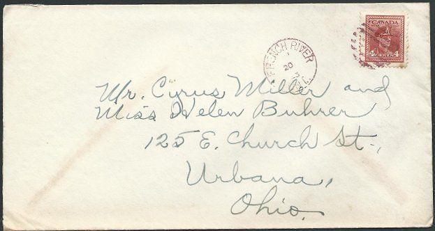 CANADA 1943 cover to USA, FRENCH RIVER cds and mute cancel  in red.........45791