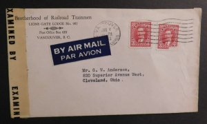 1943 Air Mail Cover Vancouver British Columbia to Cleveland Ohio USA