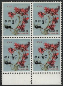 RYUKYU ISLANDS 1969 Sc 190 Mint NH 1/2c on 3c  Block of 4 VF - Flowers