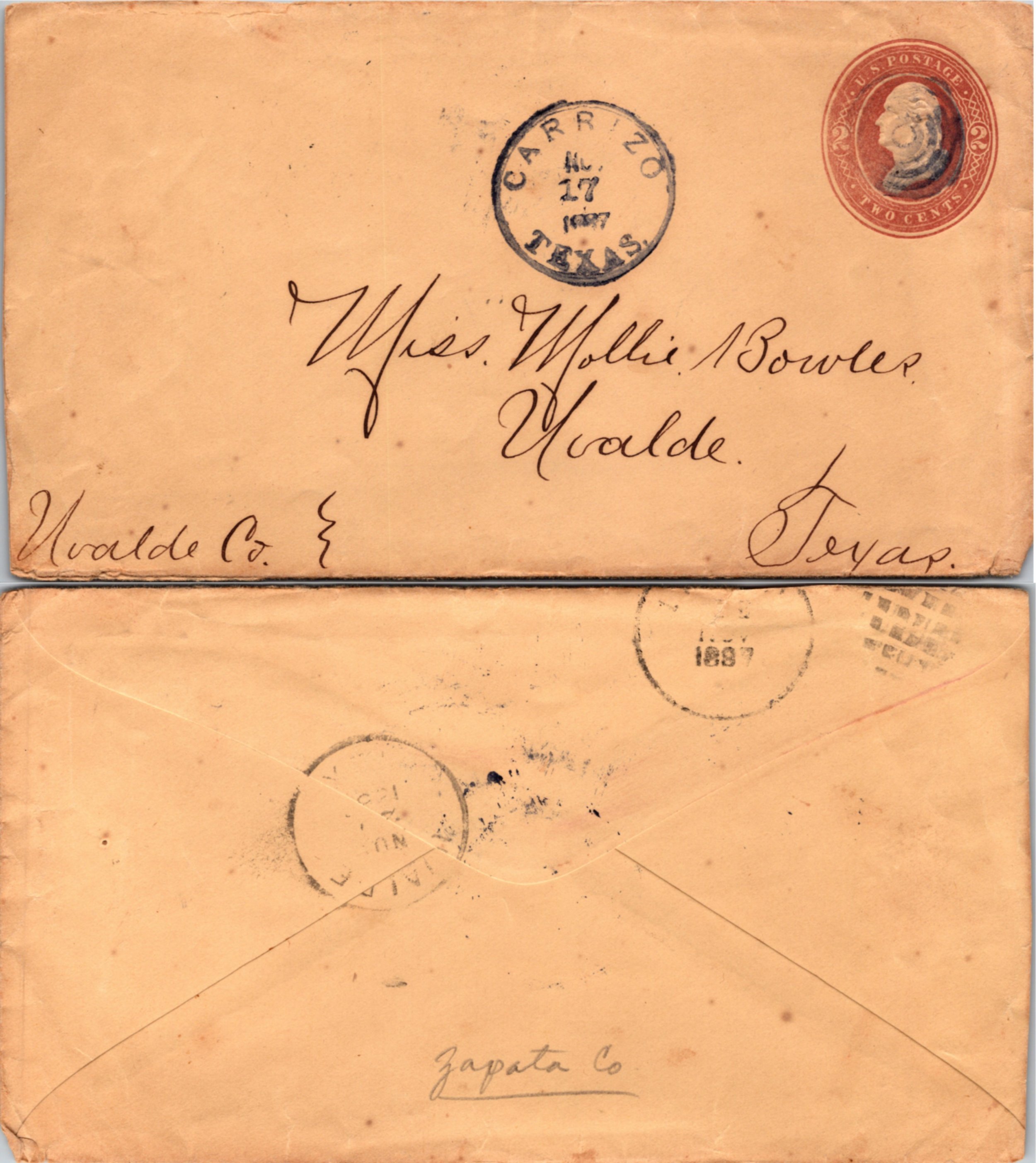 Zapata County Carrizo DPO Dead Post Office 18541901 ( Postal History ) , 1874 Worldwide