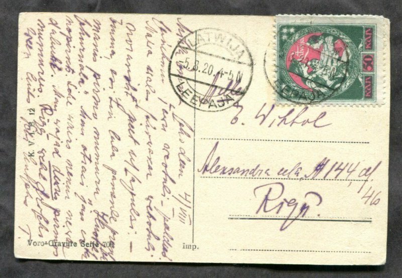 d299 - LATVIA Leepaja 1920 Postmark on #68. Postcard to Riga