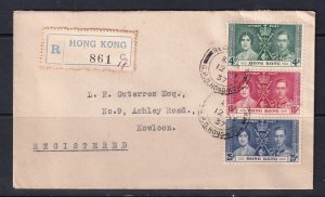 Hong Kong 1937 - Registered FDC To Kowloon King George VI Coronation # 151-153