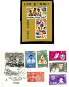 TOGO BOY SCOUTS SCOTT #401-06 STAMP SET ON FDC & C98a SOUVENIR SHEET 1961-1968