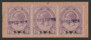 SOUTH WEST AFRICA 1927 SWA on KGV 1/3, thick type, SPECIMEN, strip. 