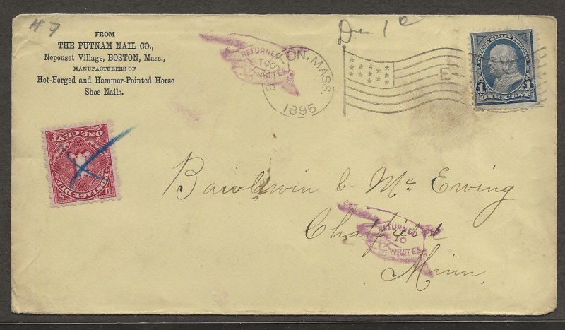 1895 cover Boston Putnam Nail McEwing Return Writer Pointing hand 1c Due # J31