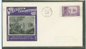US 739 3c Wisconsin Tercentenary (1934) single on an addressed (faint) FDC with an Ioor cachet