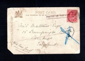 EDWARD VII 1d USED ABROAD IN BARBADOS ON POSTCARD
