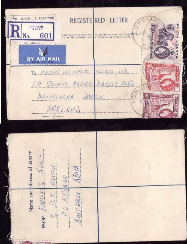 Kenya registered letter to Ireland - Londiani , Kenya -16 Ap 1957- registration