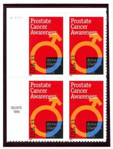 US  3315  Prostate Cancer 33c -Plate Block of 4 - MNH - 1999 - V11111  UL