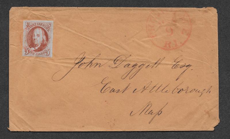 #1 5c. Franklin, Red-Brown, on cover, scv: $450, Free Insured Shipping