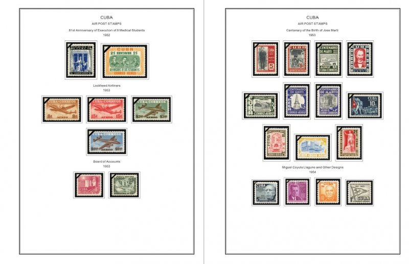 COLOR PRINTED CUBA AIRMAIL 1927-1980 STAMP ALBUM PAGES (56 illustrated pages)