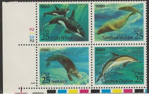 US Scott# 2511a 1990 25c multi Sea Creatures Plate Block - Upper Left - Mint