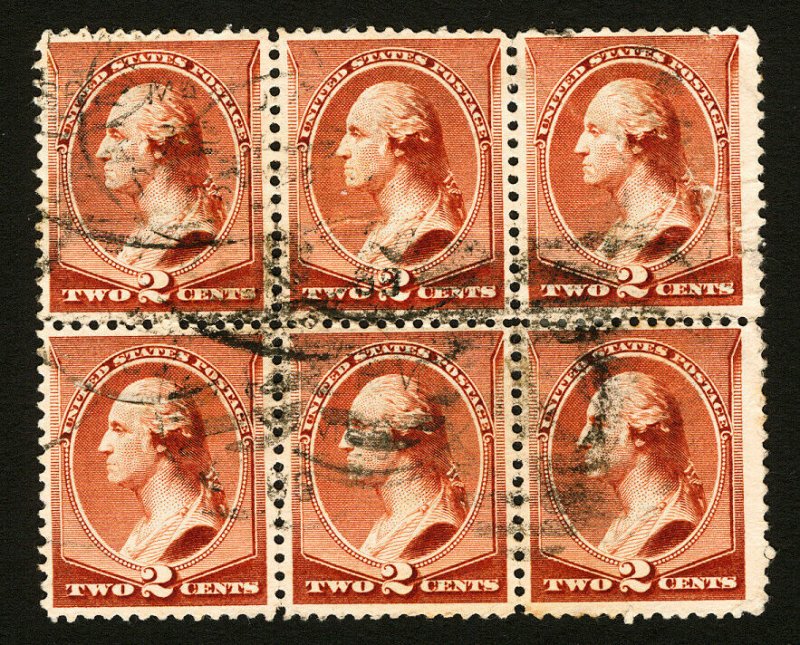 #210 1883 2c Red Brown VF-XF Used Rare Block of 6