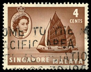 SINGAPORE Sc 30 USED - 1955 4c - Ships & Queen Elizabeth II