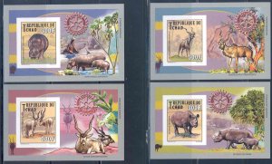 CHAD 2013 ADDAX & RHINOCEROS ROTARY SET OF FOUR DELUXE SOUVENIR SHEETS  IMPF NH