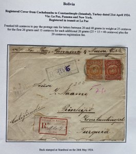 1924 Cochabamba Bolivia Registered Cover To Istanbul Turkey Via Panama New York