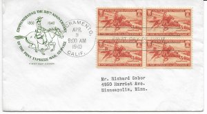 US 894 (Me-7) 3c Pony Express blk 4 on FDC Farnam Cachet ECV $25.00