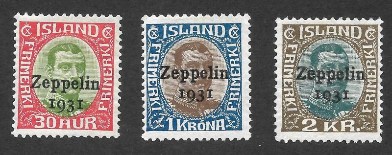 Doyle's_Stamps: 1931 MH Iceland Zeppelin Flight Airmails, Scott #C9* to #C11*