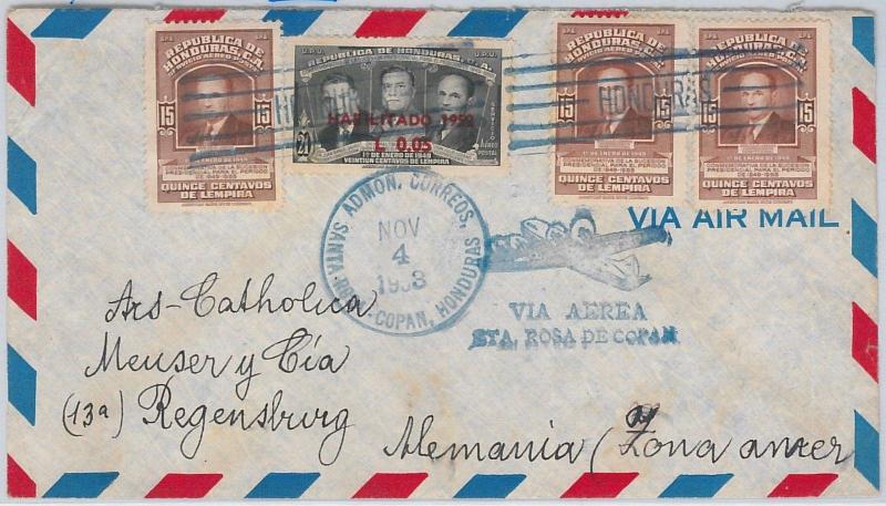 Flowers: ROSES -- HONDURAS postal history: AIRMAIL COVER to GERMANY ST ROSA 1953