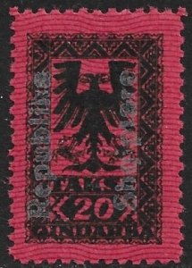 ALBANIA 1925 20q ARMS Postage Due w White Republic Overprint P.11 1/2 Sc J29 MNH