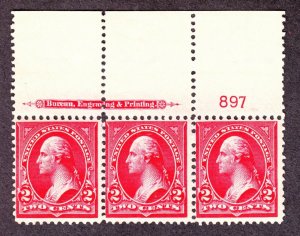 US 279b 2c Washington Mint Plate #897 Strip of 3 F-VF OG NH SCV $85