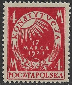 POLAND 1921 4m CARMINE ROSE Error of Color CONSTITUTION Issue Sc 158a MLH Space