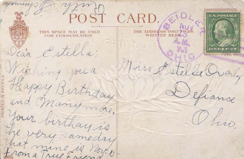 United States Ohio Beidler 1909 violet doane 2/2  1888-1916  PC  Small crease...
