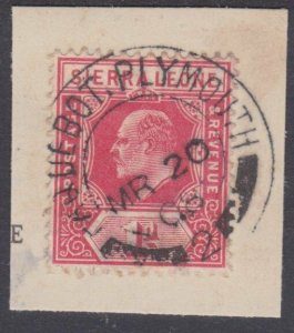 SIERRA LEONE 1908 EVII 1d on piece PAQUEBOT / PLYMOUTH cds.................29993