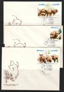 Poland, Scott cat. 2471 a-e. WWF-Bison on 3 First Day Covers. ^