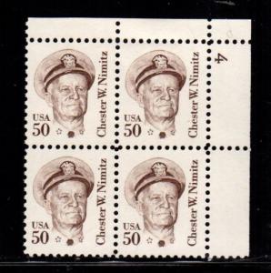 #1869 Chester Nimitz Plate Block/4 Pl#4 UR Overall tag Shiny gum - MNH
