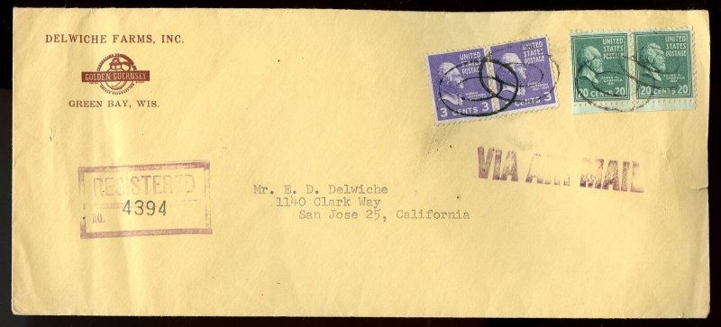 U.S. Scott 825 (2), 807 (2) Prexies on Registered Air Mail 1953 Cover 