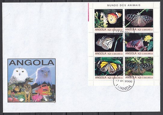 Angola. 2000 issue. Butterflies sheet of 6. Large First day cover. ^