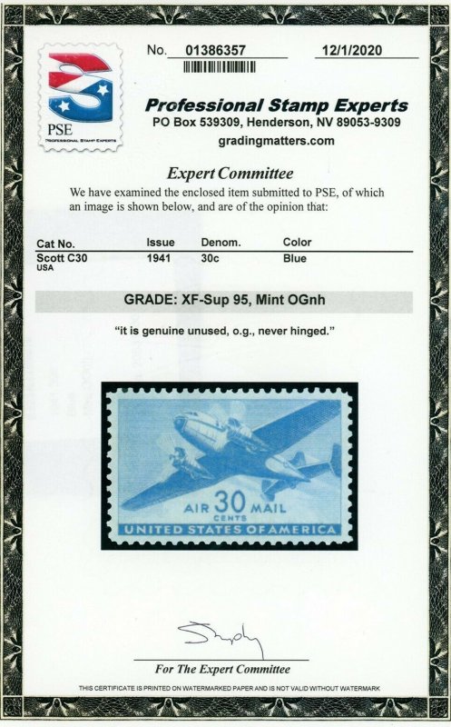 US Stamp #C30 Airplane 30c, PSE Cert - XF-Sup 95 - Mint OGNH - SMQ $45.00 