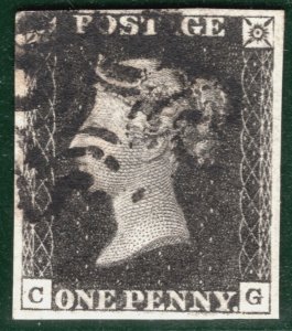 GB PENNY GREY-BLACK QV 1840 Stamp SG.3 1d *Plate 8* (CG) Used MX Cat £525+ SBR13